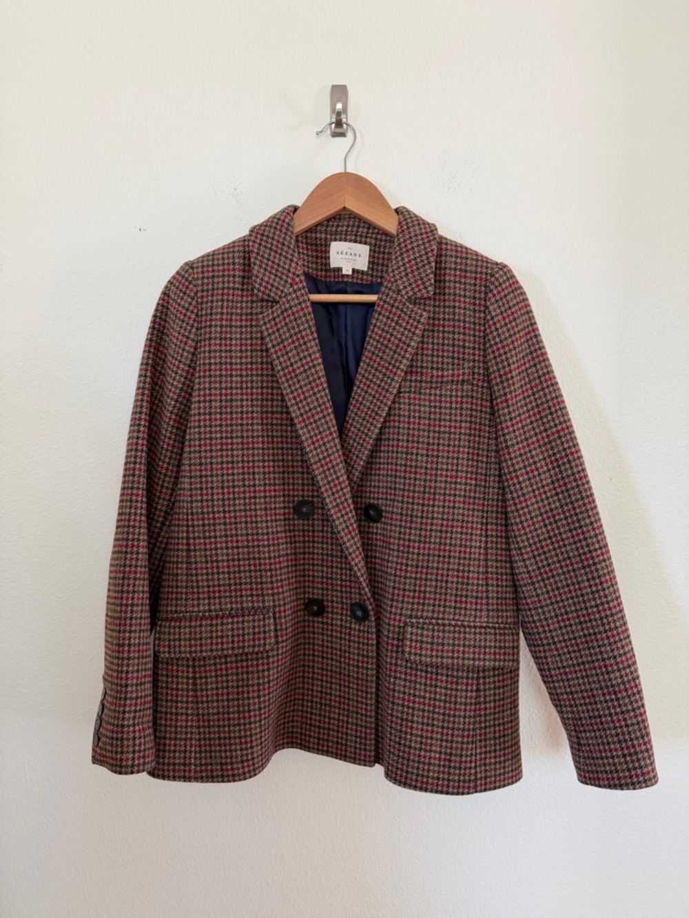 Sezane Double-Breasted Houndstooth Blazer